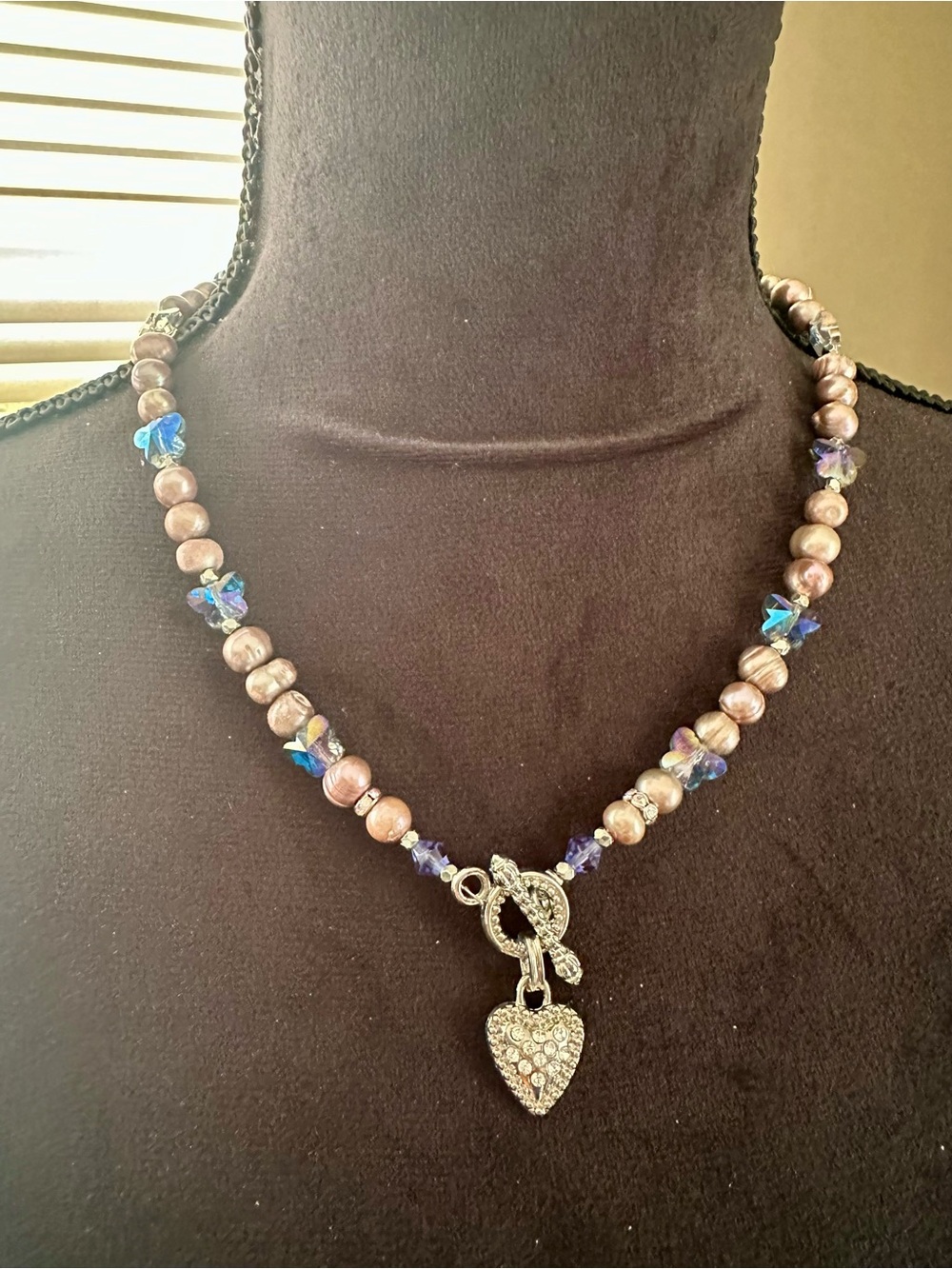 Hand Crafted Dusty Purple Freshwater Pearl Necklace with Crystal Butterflies